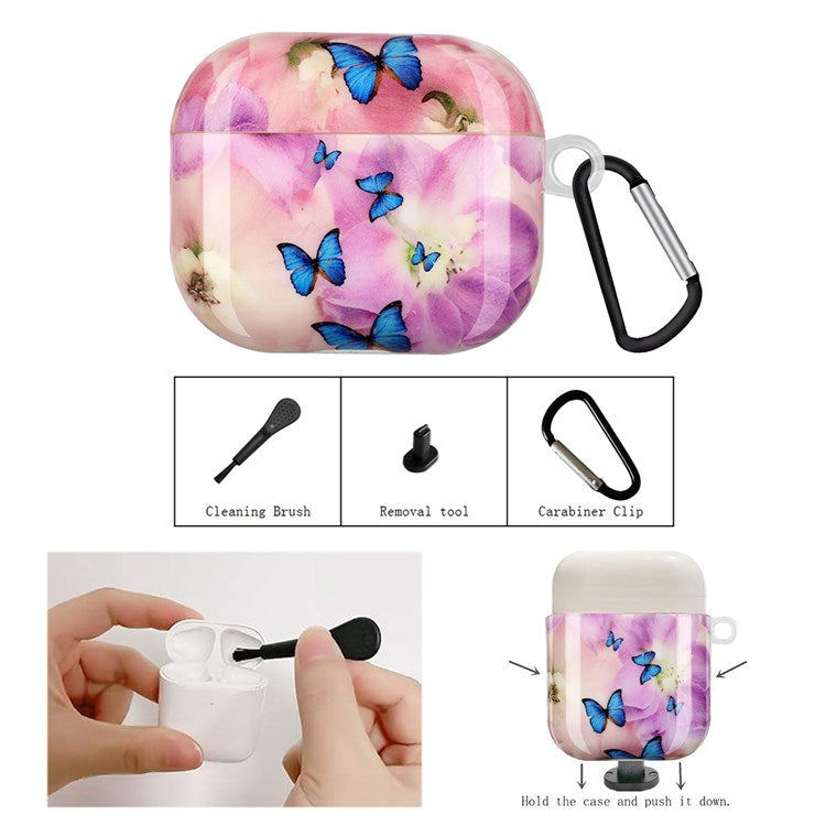 Protective Earphone Case for Apple AirPods 3, Pattern Printed IMD TPU Cover Earbud Protector with Hook - Flower and Butterflies