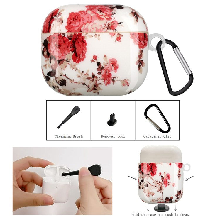 Protective Earphone Case for Apple AirPods 3, Pattern Printed IMD TPU Cover Earbud Protector with Hook - Flower