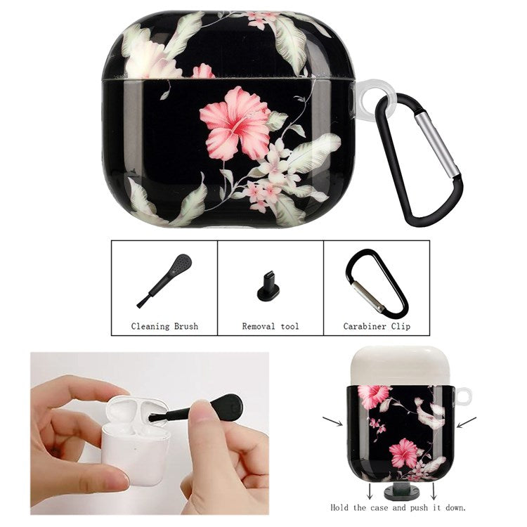 Protective Earphone Case for Apple AirPods 3, Pattern Printed IMD TPU Cover Earbud Protector with Hook - Rhododendron