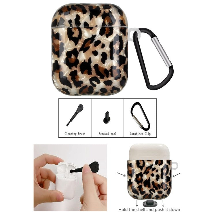 For Apple AirPods with Charging Case (2016)/(2019)/AirPods with Wireless Charging Case (2019) Shell Grain Earphone Case Pattern Printed IMD TPU Earbud Protector with Hook - Leopard