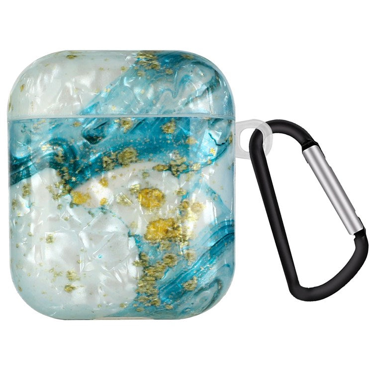 For Apple AirPods with Charging Case (2016)/(2019)/AirPods with Wireless Charging Case (2019) Shell Grain Earphone Case Pattern Printed IMD TPU Earbud Protector with Hook - Blue/Gold Marble