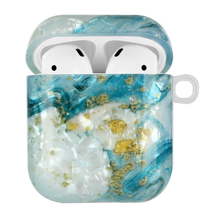 For Apple AirPods with Charging Case (2016)/(2019)/AirPods with Wireless Charging Case (2019) Shell Grain Earphone Case Pattern Printed IMD TPU Earbud Protector with Hook - Blue/Gold Marble