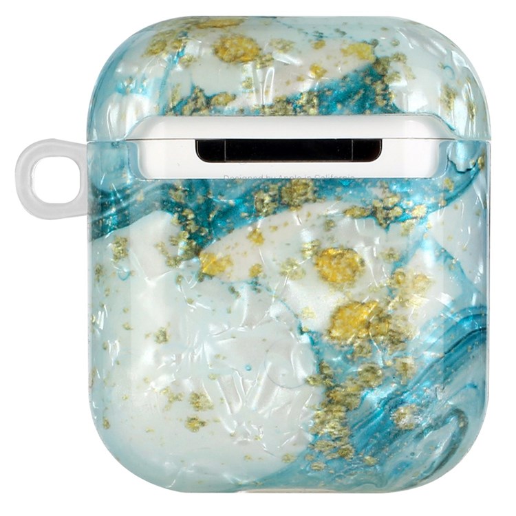 For Apple AirPods with Charging Case (2016)/(2019)/AirPods with Wireless Charging Case (2019) Shell Grain Earphone Case Pattern Printed IMD TPU Earbud Protector with Hook - Blue/Gold Marble