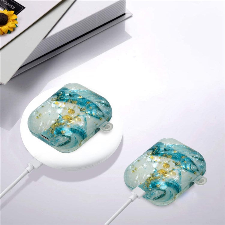 For Apple AirPods with Charging Case (2016)/(2019)/AirPods with Wireless Charging Case (2019) Shell Grain Earphone Case Pattern Printed IMD TPU Earbud Protector with Hook - Blue/Gold Marble