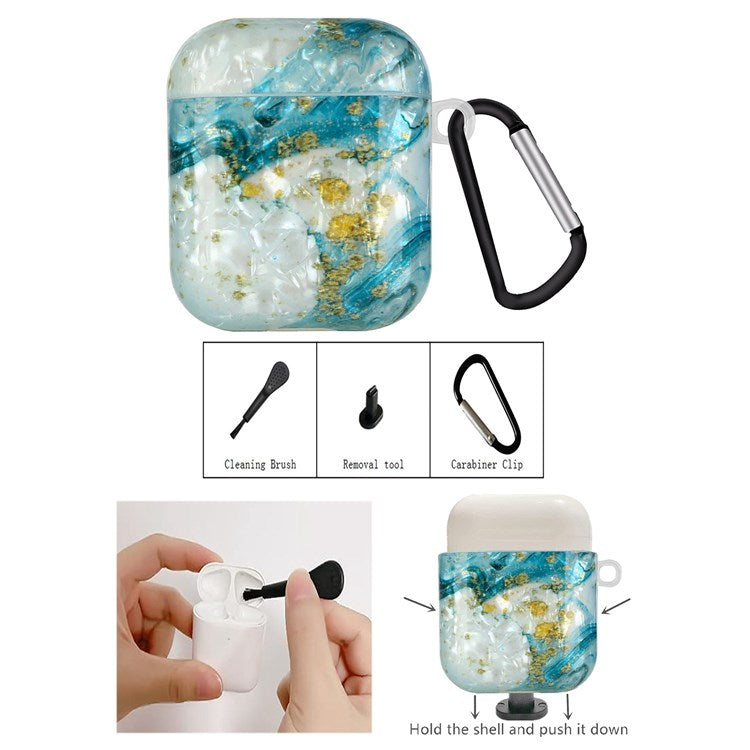 For Apple AirPods with Charging Case (2016)/(2019)/AirPods with Wireless Charging Case (2019) Shell Grain Earphone Case Pattern Printed IMD TPU Earbud Protector with Hook - Blue/Gold Marble