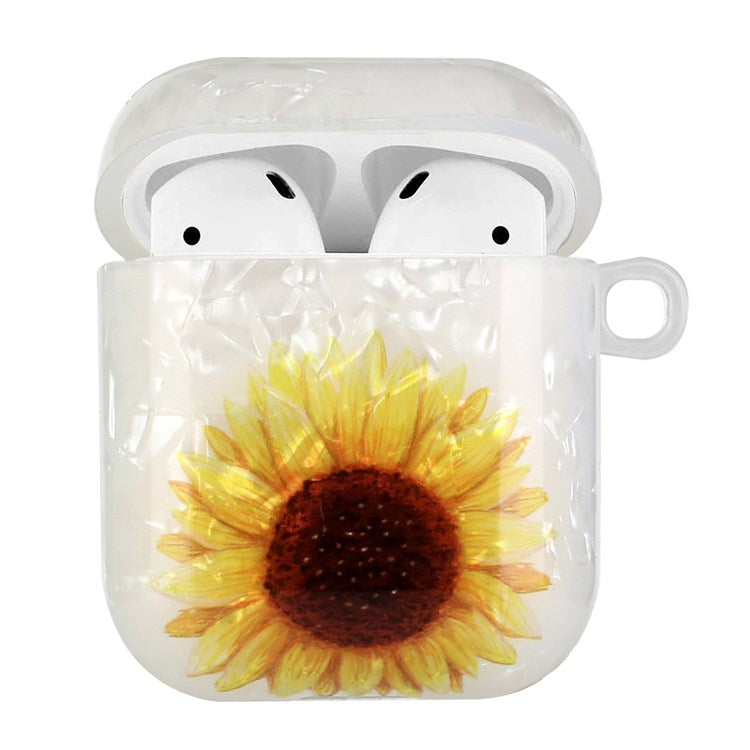 For Apple AirPods with Charging Case (2016)/(2019)/AirPods with Wireless Charging Case (2019) Shell Grain Earphone Case Pattern Printed IMD TPU Earbud Protector with Hook - Yellow Sunflower