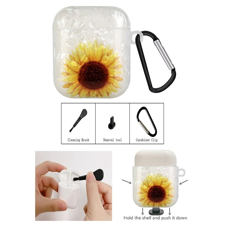 For Apple AirPods with Charging Case (2016)/(2019)/AirPods with Wireless Charging Case (2019) Shell Grain Earphone Case Pattern Printed IMD TPU Earbud Protector with Hook - Yellow Sunflower