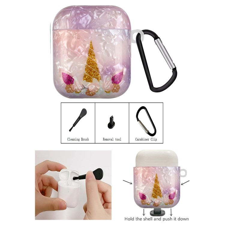 For Apple AirPods with Charging Case (2016)/(2019)/AirPods with Wireless Charging Case (2019) Shell Grain Earphone Case Pattern Printed IMD TPU Earbud Protector with Hook - Unicorn