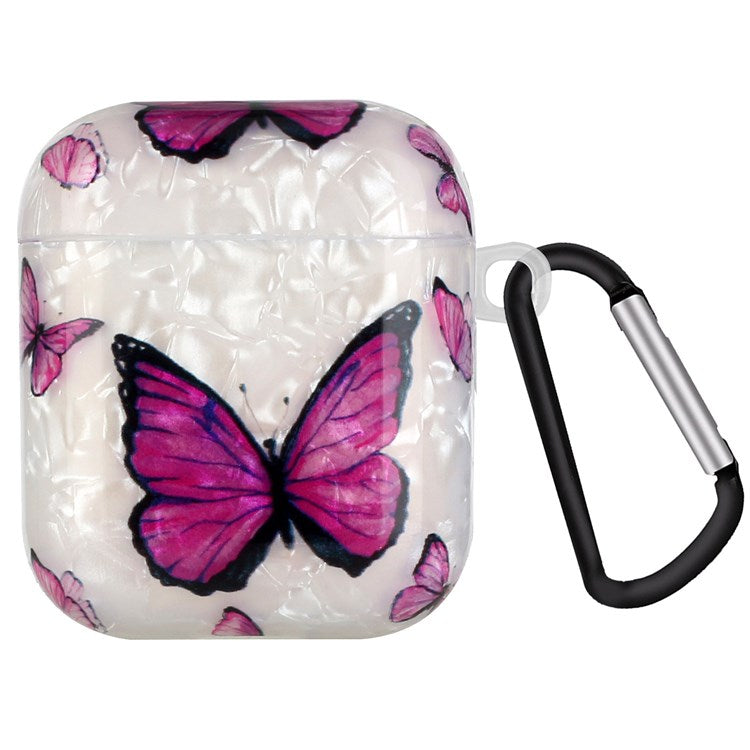 For Apple AirPods with Charging Case (2016)/(2019)/AirPods with Wireless Charging Case (2019) Shell Grain Earphone Case Pattern Printed IMD TPU Earbud Protector with Hook - Purple Butterfly