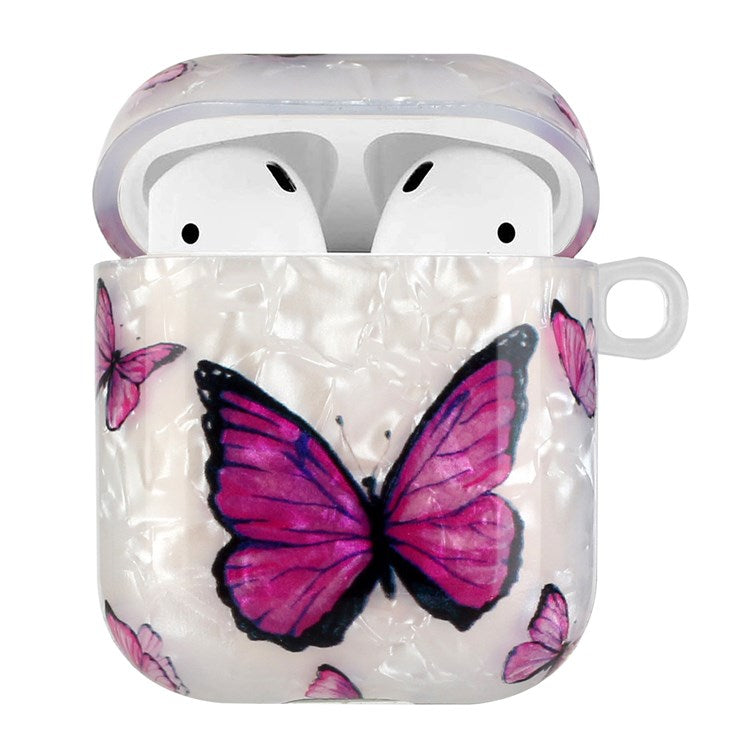 For Apple AirPods with Charging Case (2016)/(2019)/AirPods with Wireless Charging Case (2019) Shell Grain Earphone Case Pattern Printed IMD TPU Earbud Protector with Hook - Purple Butterfly