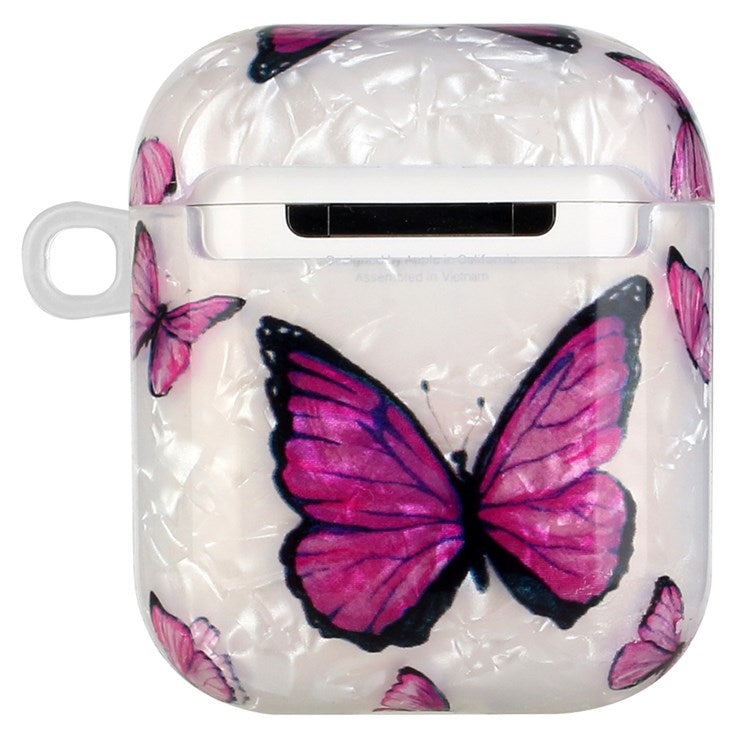 For Apple AirPods with Charging Case (2016)/(2019)/AirPods with Wireless Charging Case (2019) Shell Grain Earphone Case Pattern Printed IMD TPU Earbud Protector with Hook - Purple Butterfly