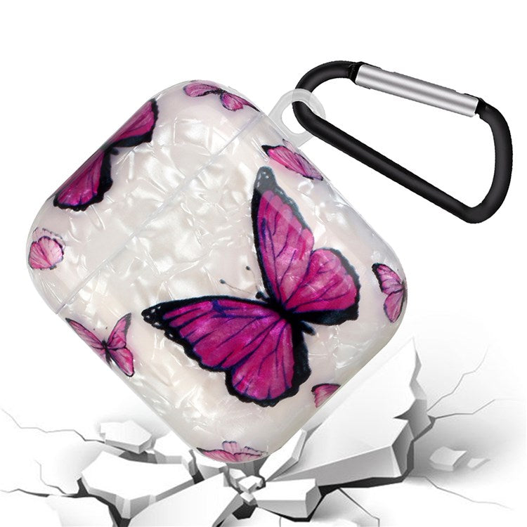 For Apple AirPods with Charging Case (2016)/(2019)/AirPods with Wireless Charging Case (2019) Shell Grain Earphone Case Pattern Printed IMD TPU Earbud Protector with Hook - Purple Butterfly