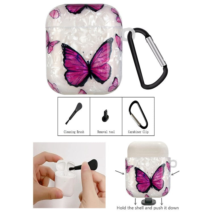 For Apple AirPods with Charging Case (2016)/(2019)/AirPods with Wireless Charging Case (2019) Shell Grain Earphone Case Pattern Printed IMD TPU Earbud Protector with Hook - Purple Butterfly