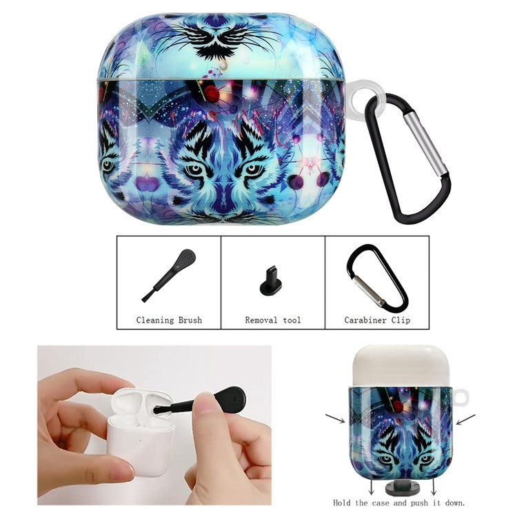 TPU Earphone Case for Apple AirPods Pro, IMD Pattern Printing Charging Box Drop-proof Protection Cover with Hook - Wolf