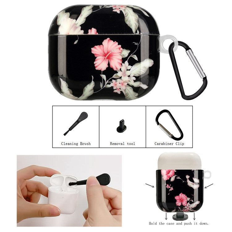 TPU Earphone Case for Apple AirPods Pro, IMD Pattern Printing Charging Box Drop-proof Protection Cover with Hook - Rhododendron