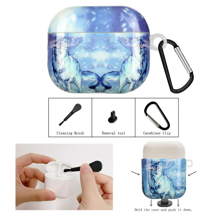 TPU Earphone Case for Apple AirPods Pro, IMD Pattern Printing Charging Box Drop-proof Protection Cover with Hook - Snow Wolf