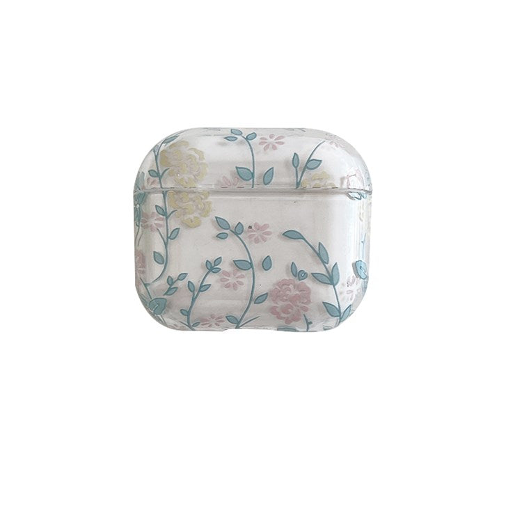 For Apple AirPods 3 Gardenia Flowers Leaves Printing Earphone Case Separable Charging Box Transparent PC Shell - Blue Leaves/Flowers