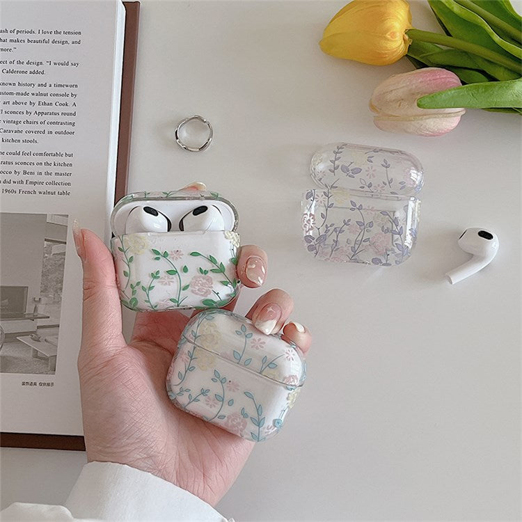 For Apple AirPods 3 Gardenia Flowers Leaves Printing Earphone Case Separable Charging Box Transparent PC Shell - Blue Leaves/Flowers