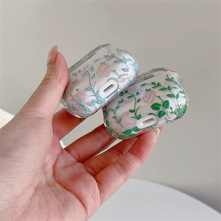 For Apple AirPods 3 Gardenia Flowers Leaves Printing Earphone Case Separable Charging Box Transparent PC Shell - Blue Leaves/Flowers