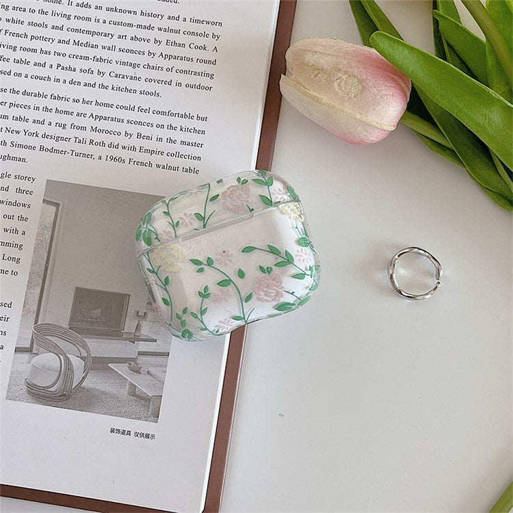 For Apple AirPods 3 Gardenia Flowers Leaves Printing Earphone Case Separable Charging Box Transparent PC Shell - Blue Leaves/Flowers