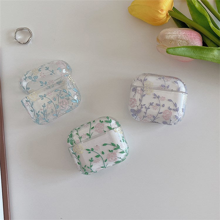 For Apple AirPods 3 Gardenia Flowers Leaves Printing Earphone Case Separable Charging Box Transparent PC Shell - Blue Leaves/Flowers