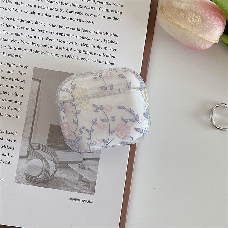 For Apple AirPods 3 Gardenia Flowers Leaves Printing Earphone Case Separable Charging Box Transparent PC Shell - Blue Leaves/Flowers