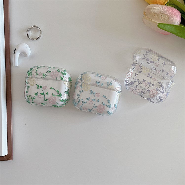 For Apple AirPods 3 Gardenia Flowers Leaves Printing Earphone Case Separable Charging Box Transparent PC Shell - Blue Leaves/Flowers