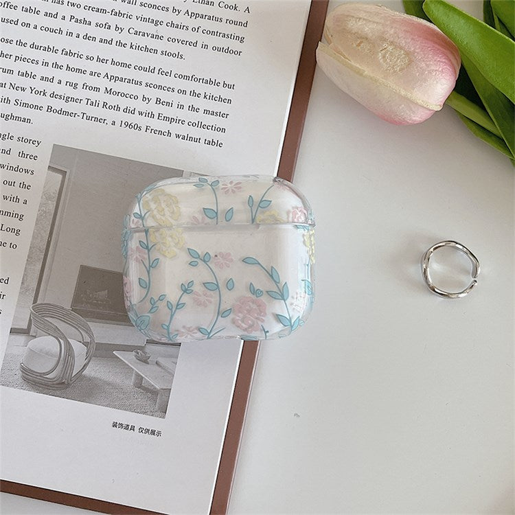 For Apple AirPods 3 Gardenia Flowers Leaves Printing Earphone Case Separable Charging Box Transparent PC Shell - Blue Leaves/Flowers