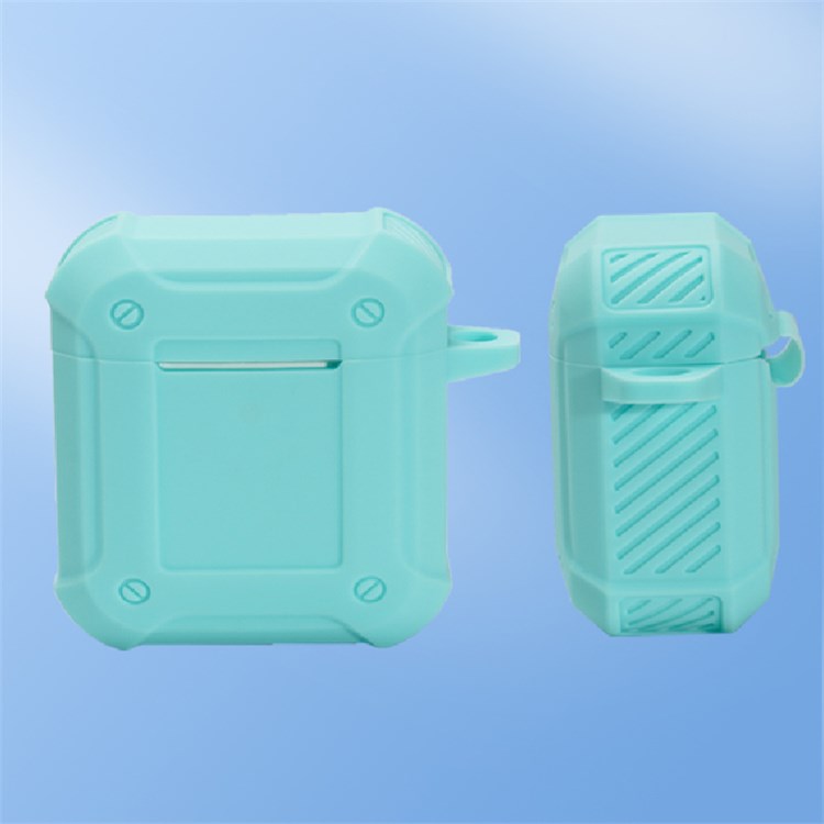 For Apple AirPods with Charging Case (2016)/(2019)/AirPods with Wireless Charging Case (2019) Armour Thickened Silicone Case Earphone Protective Cover with Carabiner - Green