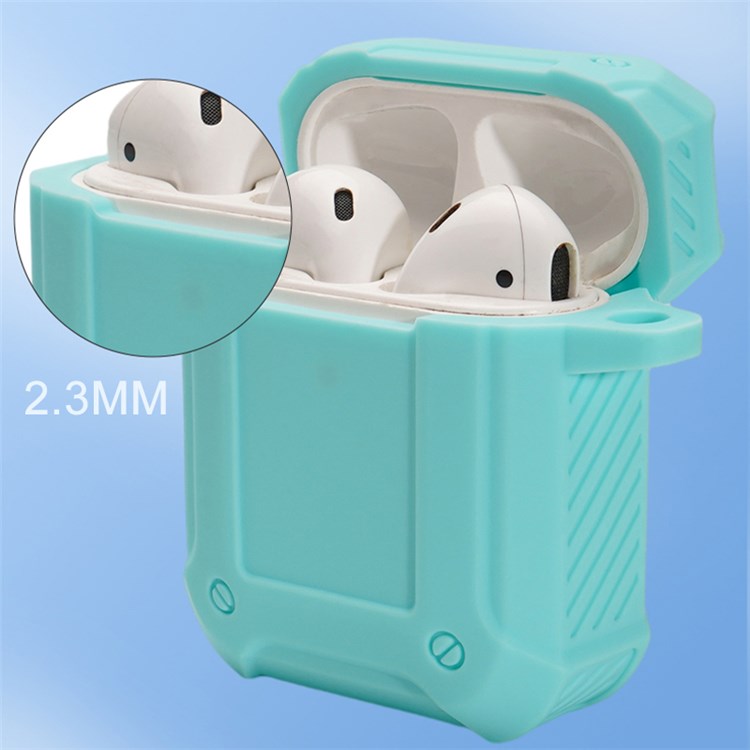 For Apple AirPods with Charging Case (2016)/(2019)/AirPods with Wireless Charging Case (2019) Armour Thickened Silicone Case Earphone Protective Cover with Carabiner - Green