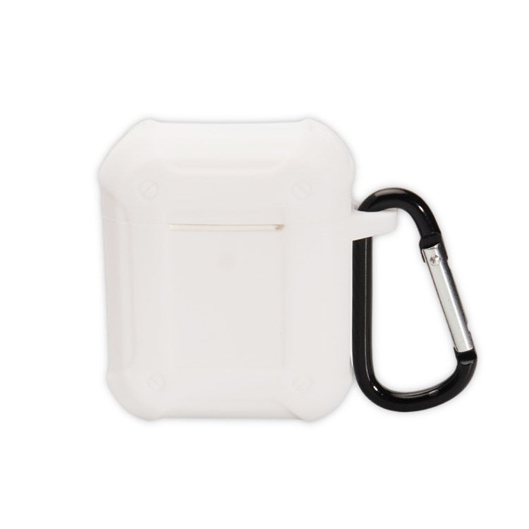 For Apple AirPods with Charging Case (2016)/(2019)/AirPods with Wireless Charging Case (2019) Armour Thickened Silicone Case Earphone Protective Cover with Carabiner - White