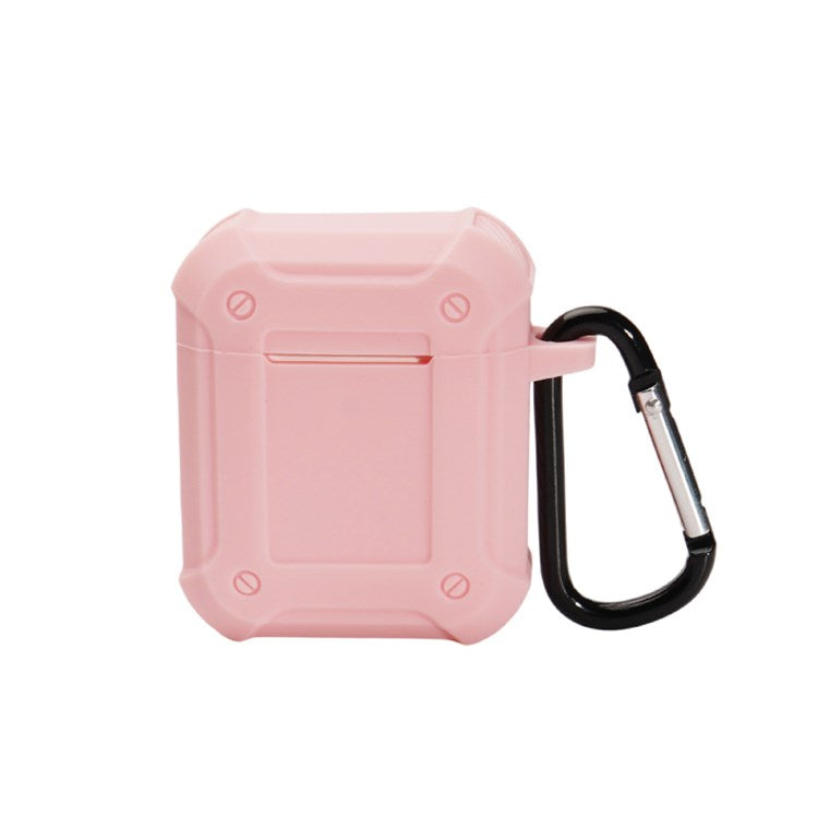 For Apple AirPods with Charging Case (2016)/(2019)/AirPods with Wireless Charging Case (2019) Armour Thickened Silicone Case Earphone Protective Cover with Carabiner - Pink