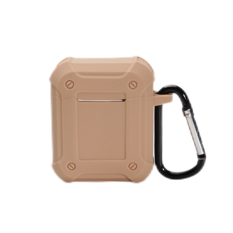 For Apple AirPods with Charging Case (2016)/(2019)/AirPods with Wireless Charging Case (2019) Armour Thickened Silicone Case Earphone Protective Cover with Carabiner - Khaki