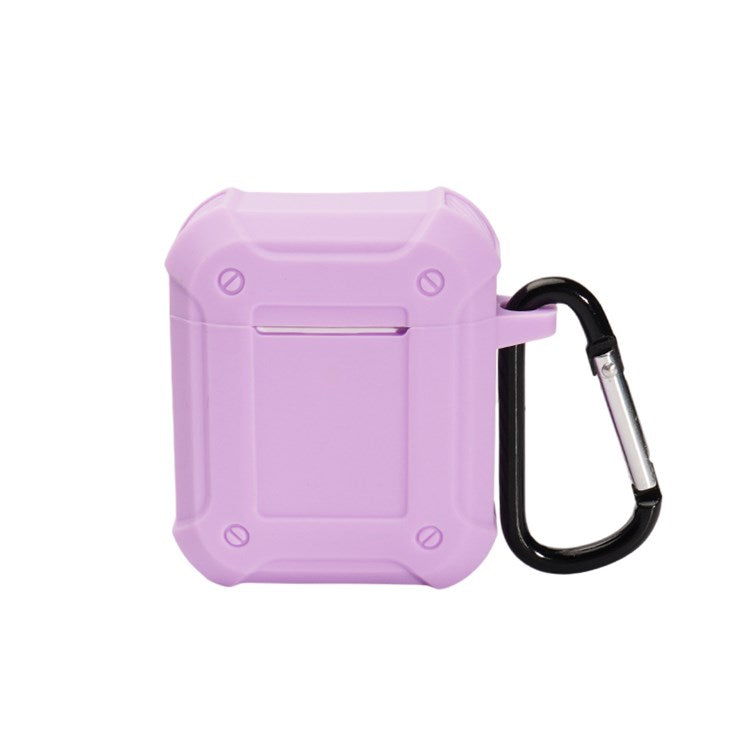 For Apple AirPods with Charging Case (2016)/(2019)/AirPods with Wireless Charging Case (2019) Armour Thickened Silicone Case Earphone Protective Cover with Carabiner - Purple