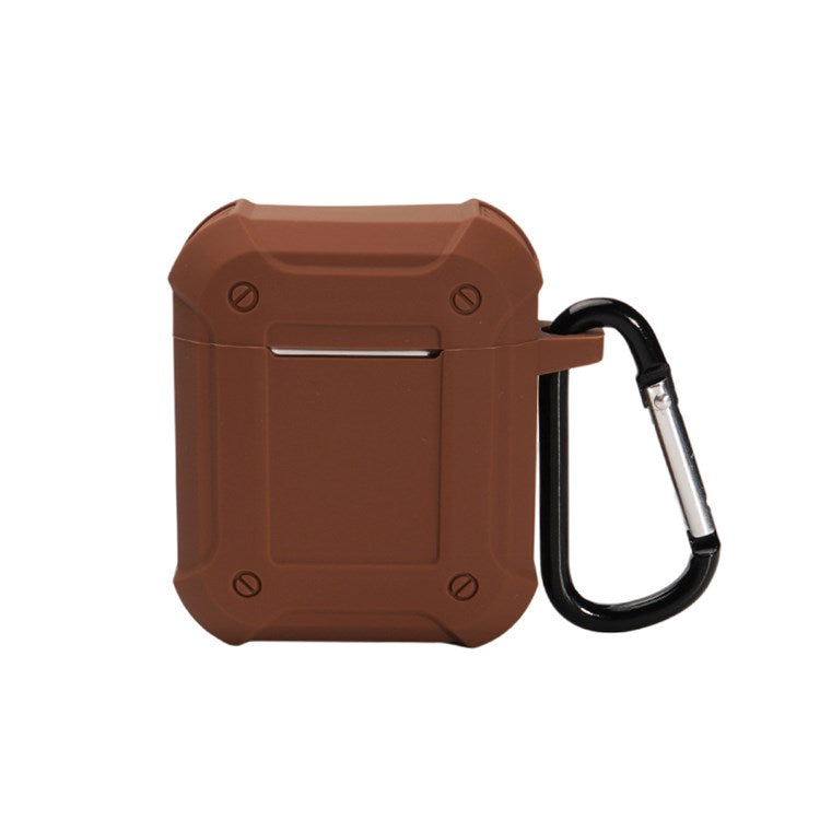 For Apple AirPods with Charging Case (2016)/(2019)/AirPods with Wireless Charging Case (2019) Armour Thickened Silicone Case Earphone Protective Cover with Carabiner - Brown