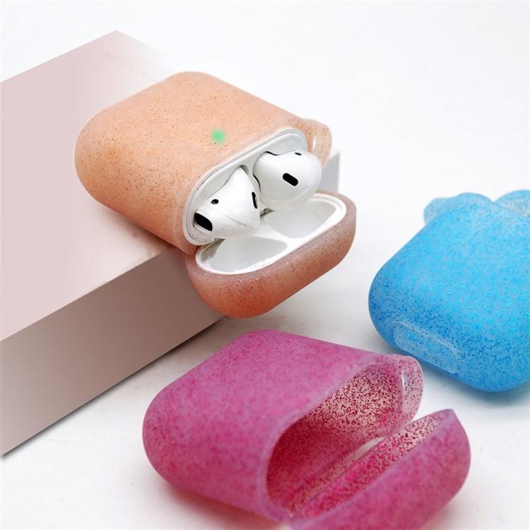 For Apple AirPods with Charging Case (2016)/(2019)/AirPods with Wireless Charging Case (2019) Earphone Glittery Silicone Case Earbuds Protective Shell with Hanging Buckle - Sapphire