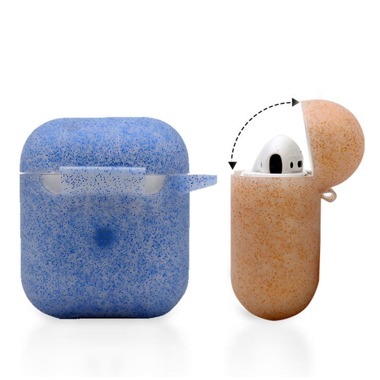 For Apple AirPods with Charging Case (2016)/(2019)/AirPods with Wireless Charging Case (2019) Earphone Glittery Silicone Case Earbuds Protective Shell with Hanging Buckle - Sapphire