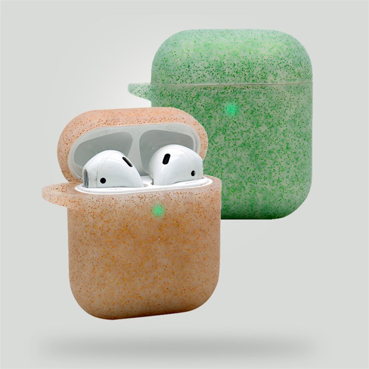 For Apple AirPods with Charging Case (2016)/(2019)/AirPods with Wireless Charging Case (2019) Earphone Glittery Silicone Case Earbuds Protective Shell with Hanging Buckle - Sapphire