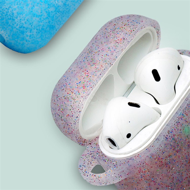 For Apple AirPods with Charging Case (2016)/(2019)/AirPods with Wireless Charging Case (2019) Earphone Glittery Silicone Case Earbuds Protective Shell with Hanging Buckle - Sapphire