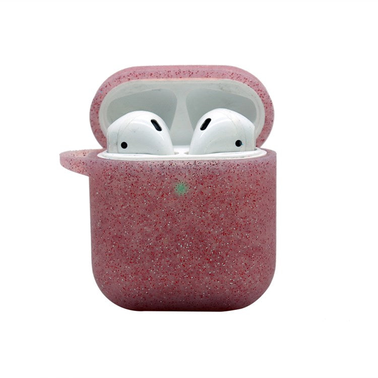 For Apple AirPods with Charging Case (2016)/(2019)/AirPods with Wireless Charging Case (2019) Earphone Glittery Silicone Case Earbuds Protective Shell with Hanging Buckle - Wine Red