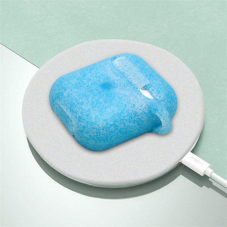 For Apple AirPods with Charging Case (2016)/(2019)/AirPods with Wireless Charging Case (2019) Earphone Glittery Silicone Case Earbuds Protective Shell with Hanging Buckle - Blue