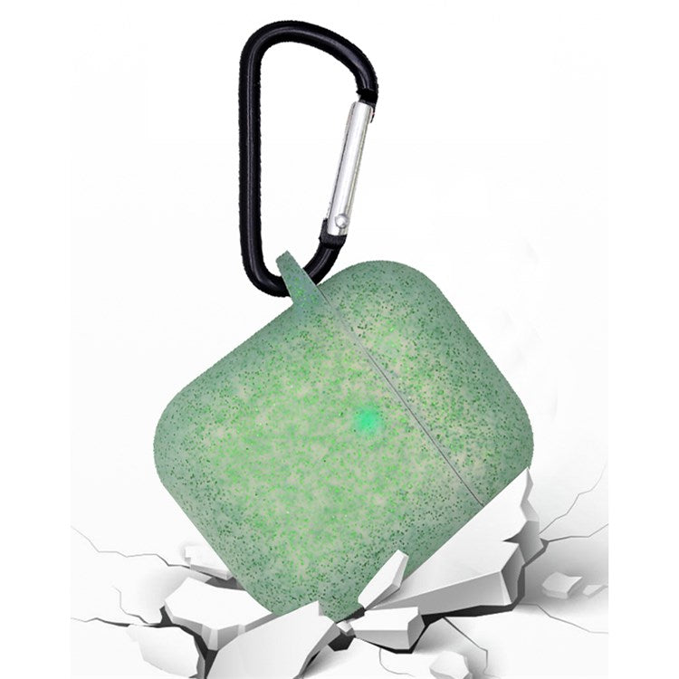 For Apple AirPods with Charging Case (2016)/(2019)/AirPods with Wireless Charging Case (2019) Earphone Glittery Silicone Case Earbuds Protective Shell with Hanging Buckle - Green