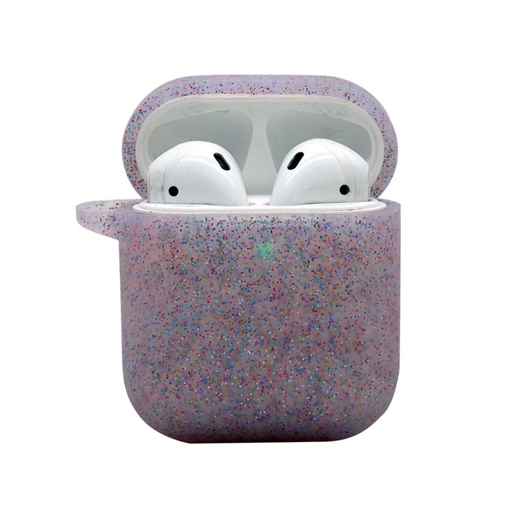 For Apple AirPods with Charging Case (2016)/(2019)/AirPods with Wireless Charging Case (2019) Earphone Glittery Silicone Case Earbuds Protective Shell with Hanging Buckle - Purple