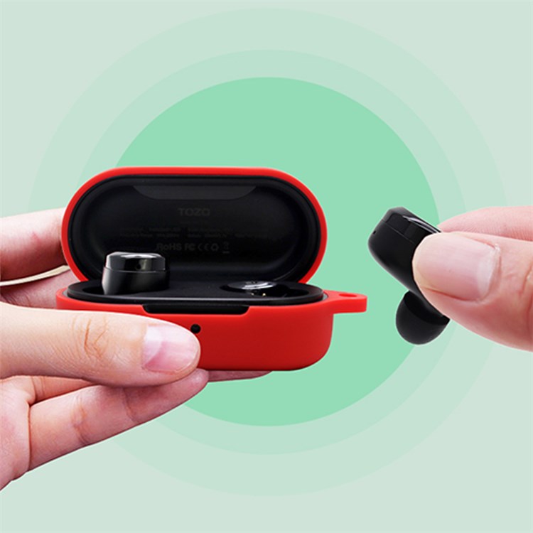 For TOZO T12 Bluetooth Earphone Silicone Case Anti-scratch Charging Box Protective Cover with Anti-loss Buckle - Red