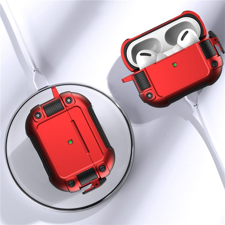 For Apple AirPods Pro Lock Buckle Earphone Case PC + TPU Earbuds Charging Box Protective Cover with Carabiner - Red