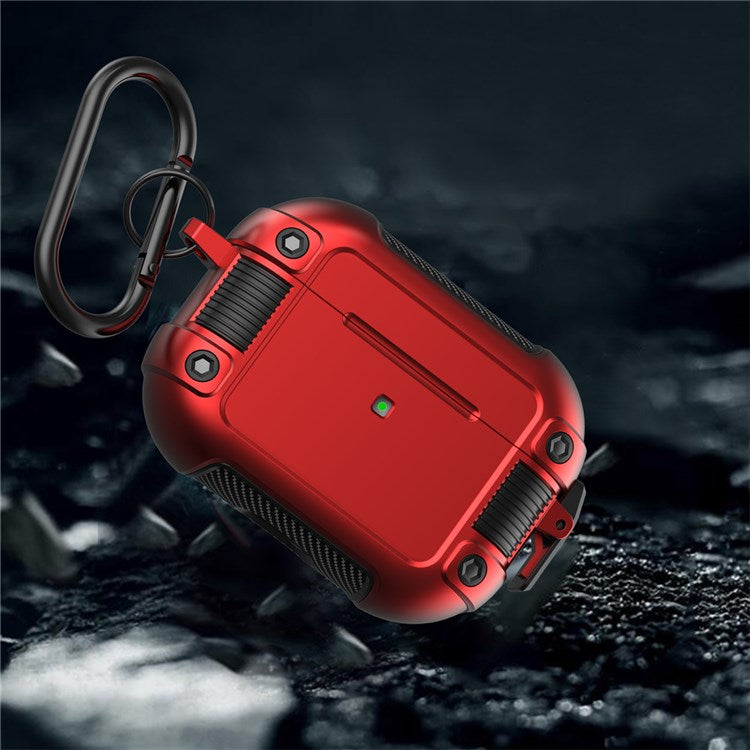 For Apple AirPods Pro Lock Buckle Earphone Case PC + TPU Earbuds Charging Box Protective Cover with Carabiner - Red