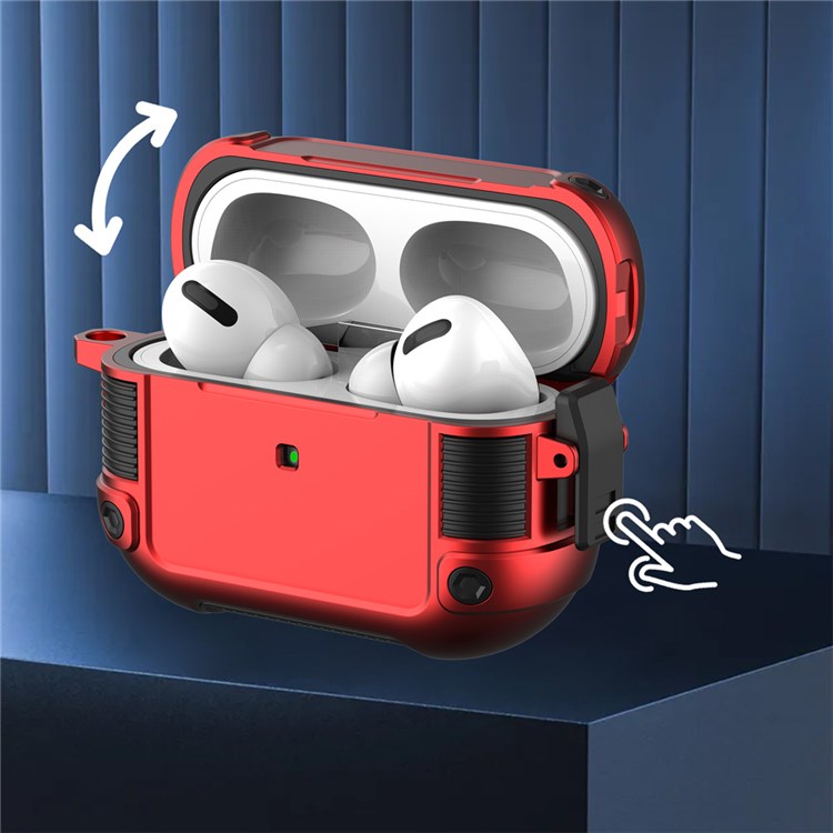 For Apple AirPods Pro Lock Buckle Earphone Case PC + TPU Earbuds Charging Box Protective Cover with Carabiner - Red