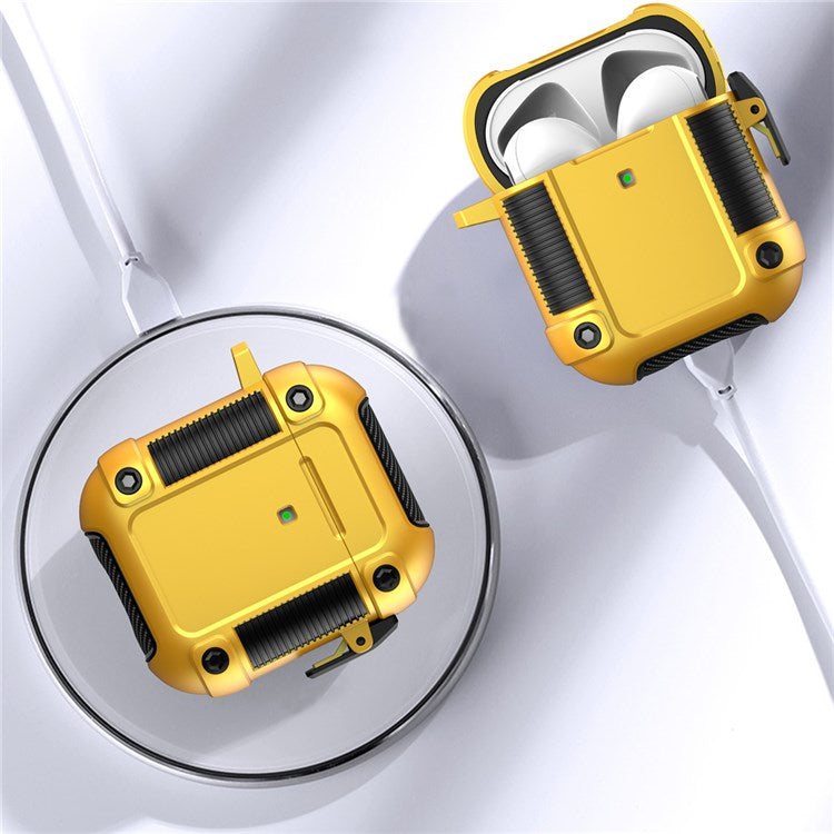 For Apple AirPods with Charging Case (2016)/(2019)/AirPods with Wireless Charging Case (2019) Earphone Case Lock Buckle PC + TPU Earbuds Protective Cover with Carabiner - Yellow