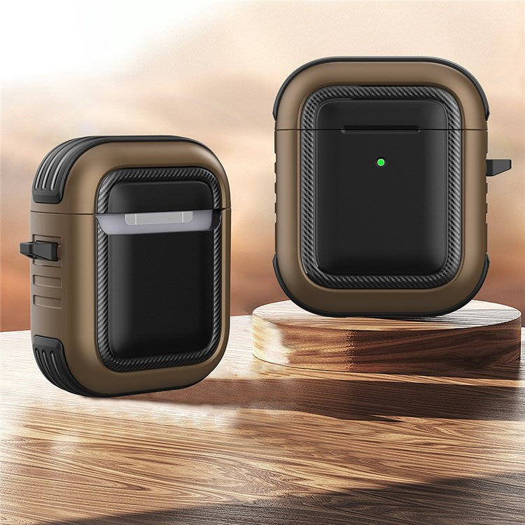 For Apple AirPods with Charging Case (2016)/(2019)/AirPods with Wireless Charging Case (2019) Anti-drop Earbuds Protective Case Earphone Cover with Hook - Black/Brown