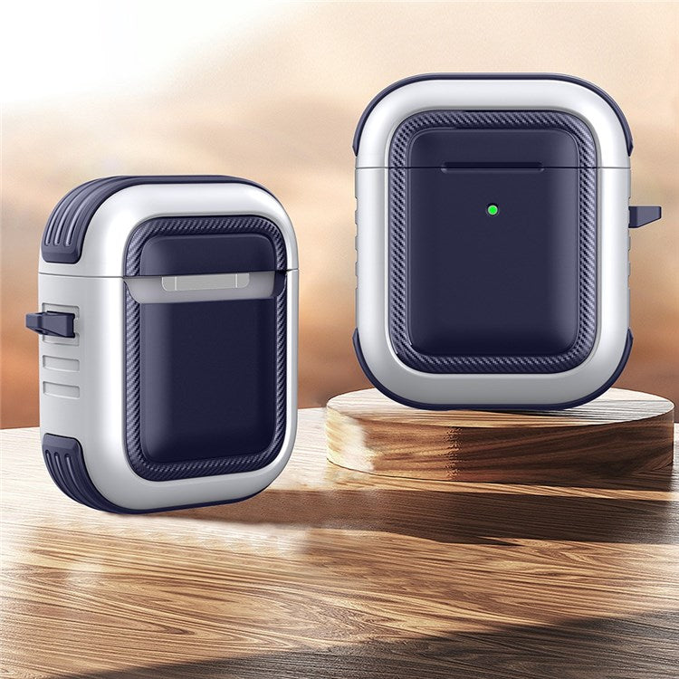 For Apple AirPods with Charging Case (2016)/(2019)/AirPods with Wireless Charging Case (2019) Anti-drop Earbuds Protective Case Earphone Cover with Hook - Blue/White